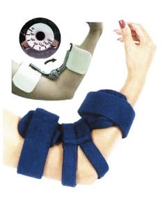 Comfy Spring-Loaded Goniometer Elbow Orthosis, with 1x Cover and 5x Liners, Adult, Navy Blue, Terry cloth cover
