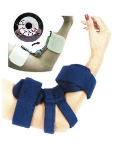 Comfy Spring-Loaded Goniometer Elbow Orthosis, with 1x Cover and 5x Liners, Small Adult, Navy Blue, Terry cloth cover