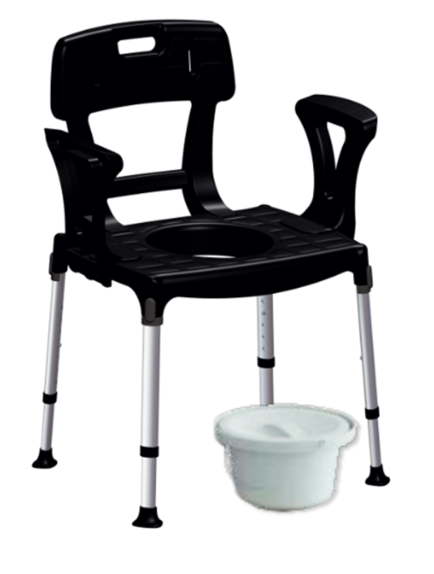 King Commode Chair with Backrest & Armrests & Bucket, Black, No Cushion