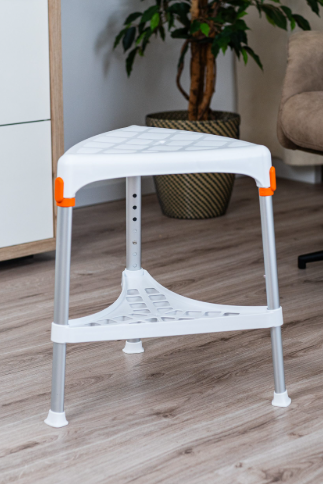 King Triangle Stool with Tray, Adjustable Height in a room setting, white
